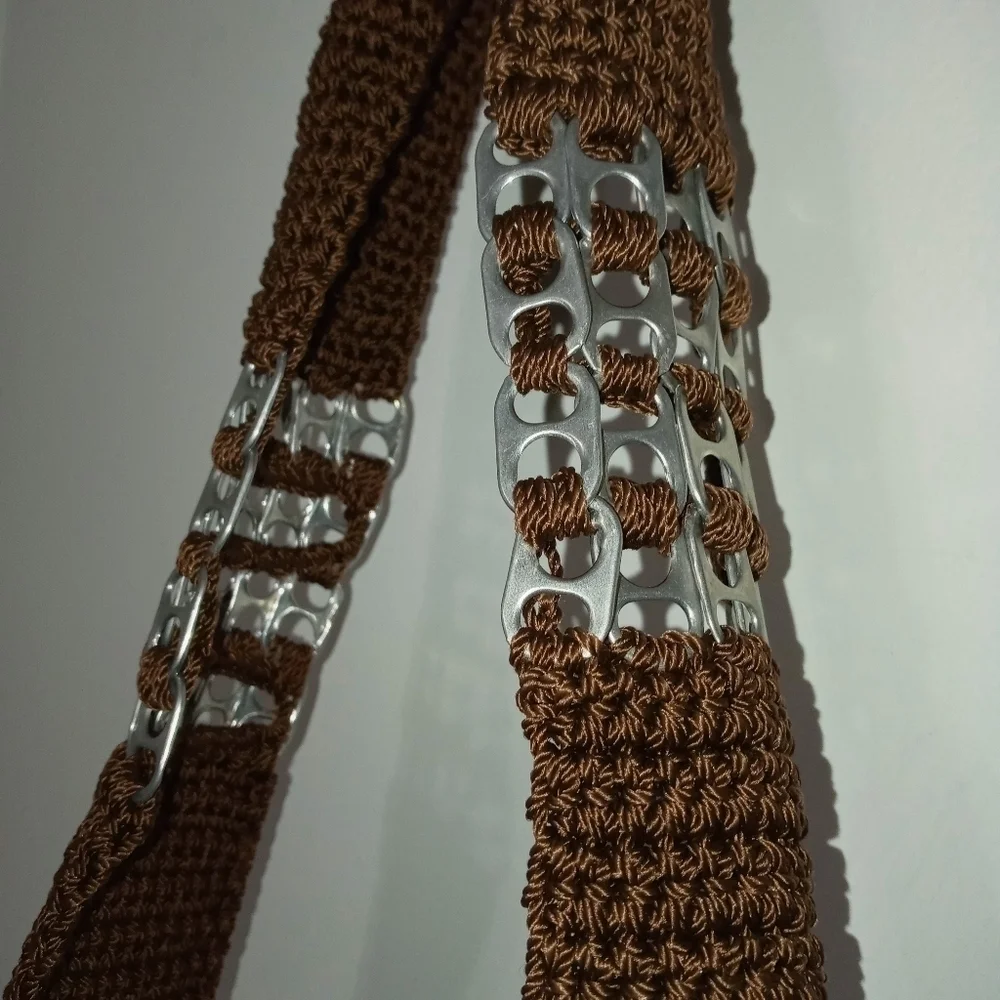 Handmade Crochet Hobo Bag made with Silver Flip top Soda can Tabs.Brown Beige